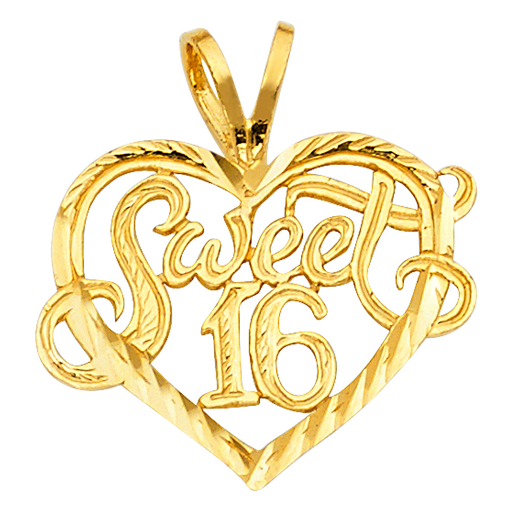 14k Yellow Gold Small/Mini 16 Years Heart Charm Pendant  (16mm x 19mm)