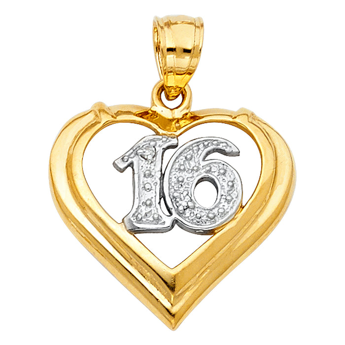 14K Two-tone Gold 16 Years Heart Charm Pendant  (18mm x 20mm)