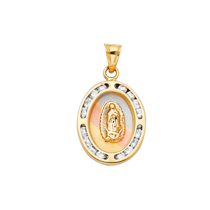 14K Tri-Color Gold with White CZ Accented Virgen De Guadalupe Pendant (20mm x 13mm)
