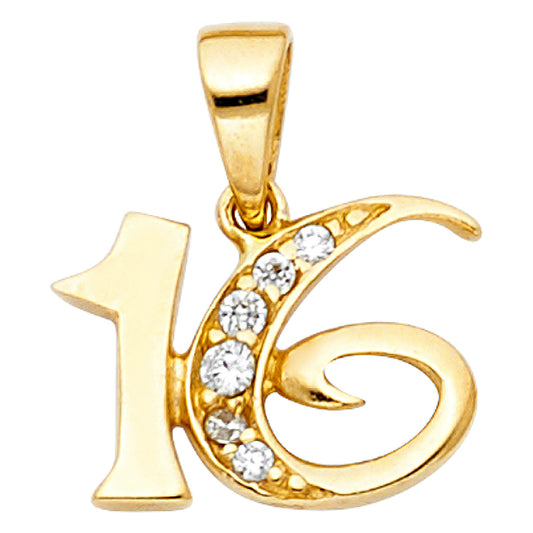 14k Yellow Gold with White CZ Accented Small/Mini 16 Years Charm Pendant  (10mm x 14mm)