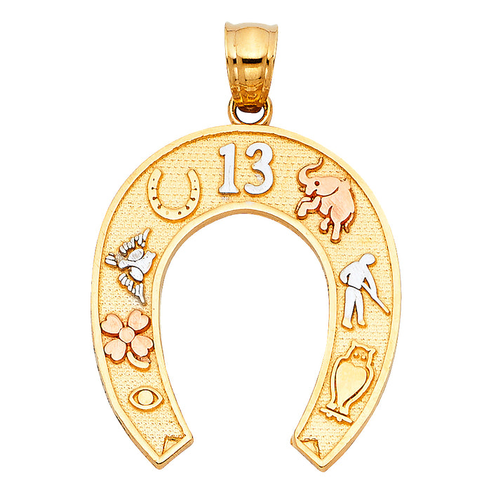 14K Tri-Color Gold Lucky Horseshoe Charm Pendant  (24mm x 21mm)