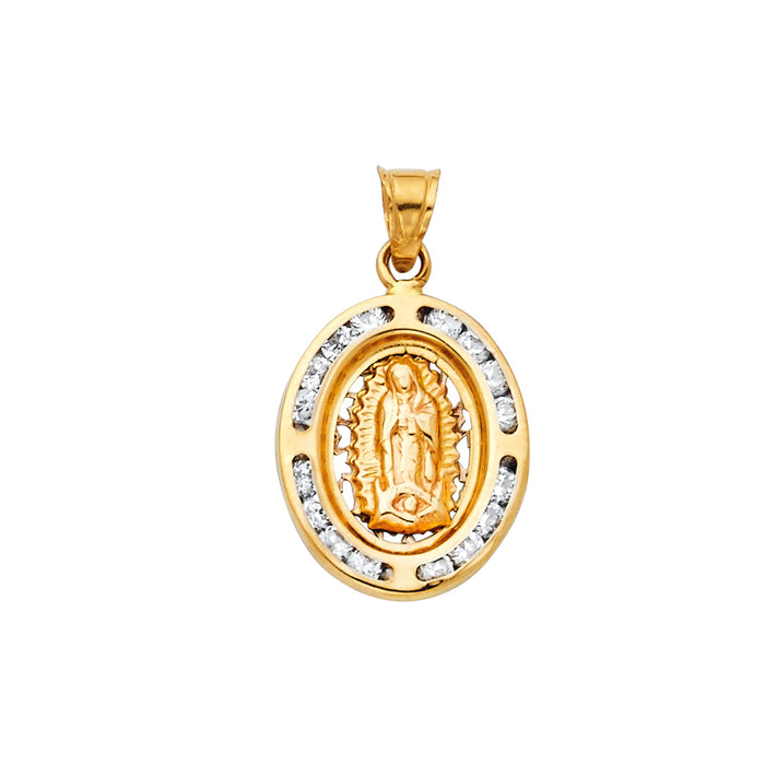 14k Yellow Gold with White CZ Accented Virgen De Guadalupe Pendant (20mm x 13mm)