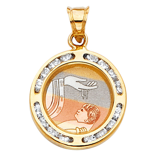 14K Tri-Color Gold Small/Mini Round Baptism Charm Pendant, Channel Set CZ Accent, 15mm (17mm x 15mm)