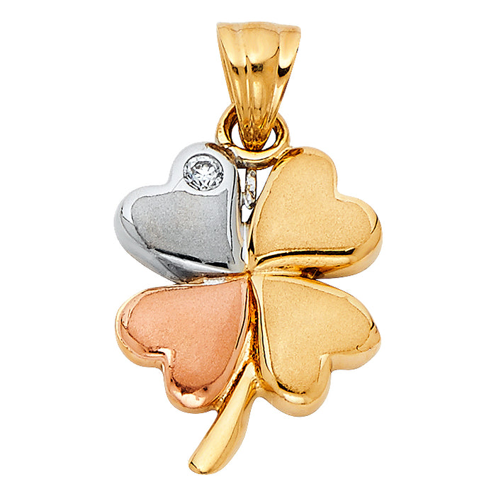 14K Tri-Color Gold Heart Clover Charm Pendant  (18mm x 14mm)