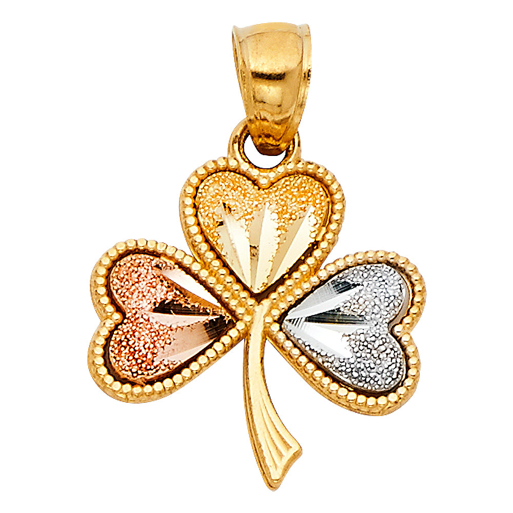 14K Tri-Color Gold Heart Clover Charm Pendant  (15mm x 15mm)