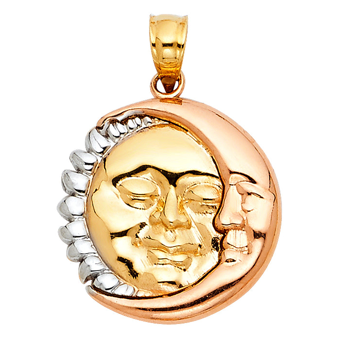 14K Tri-Color Gold Moon & Sun Charm Pendant  (17mm x 16mm)