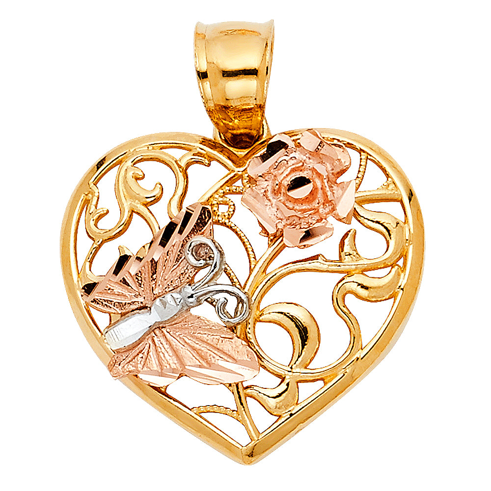 14K Tri-Color Gold Heart with Butterfly Charm Pendant  (19mm x 21mm)