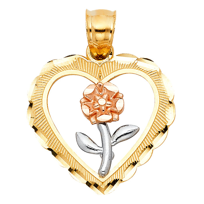 14K Tri-Color Gold Heart with Rose Charm Pendant  (21mm x 21mm)