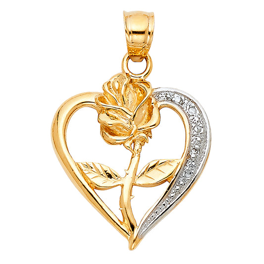 14K Two-tone Gold Heart with Rose Charm Pendant  (21mm x 19mm)