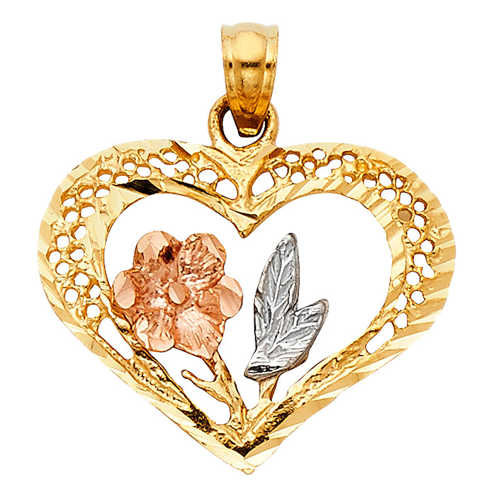 14K Tri-Color Gold Heart with Rose Charm Pendant  (15mm x 20mm)