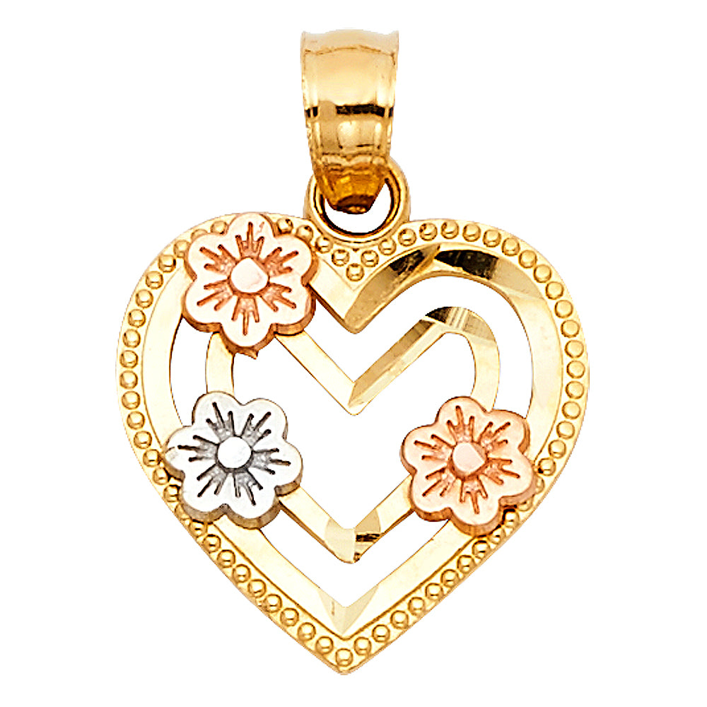 14K Tri-Color Gold Small/Mini Heart with Flower Charm Pendant  (23mm x 13mm)