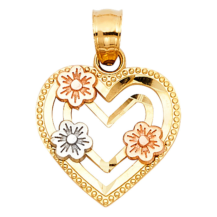 14K Tri-Color Gold Small/Mini Heart with Flower Charm Pendant  (23mm x 13mm)