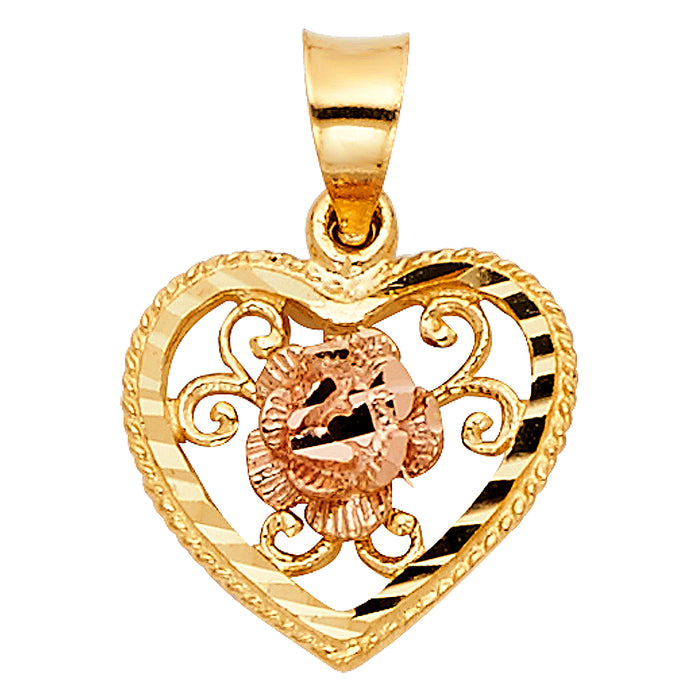 14K Two-tone Gold Small/Mini Heart with Rose Charm Pendant  (12mm x 12mm)