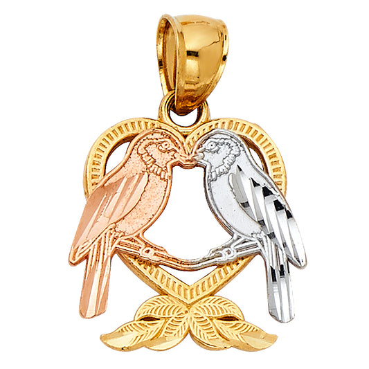 14K Tri-Color Gold Heart with Bird Charm Pendant  (15mm x 15mm)