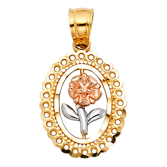 14K Tri-Color Gold Rose Charm Pendant  (16mm x 13mm)