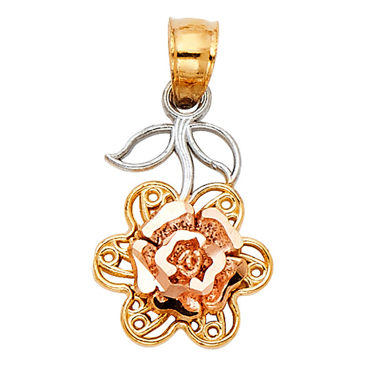 14K Tri-Color Gold Small/Mini Rose Charm Pendant  (13mm x 10mm)