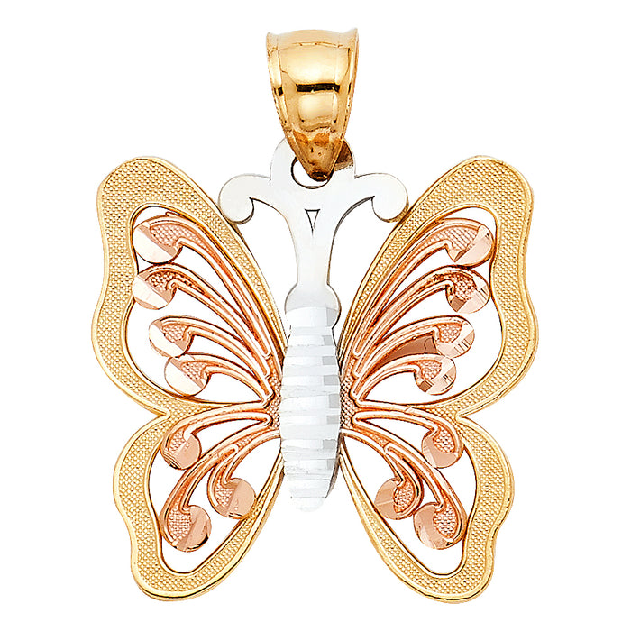 14K Tri-Color Gold Butterfly Charm Pendant  (22mm x 22mm)
