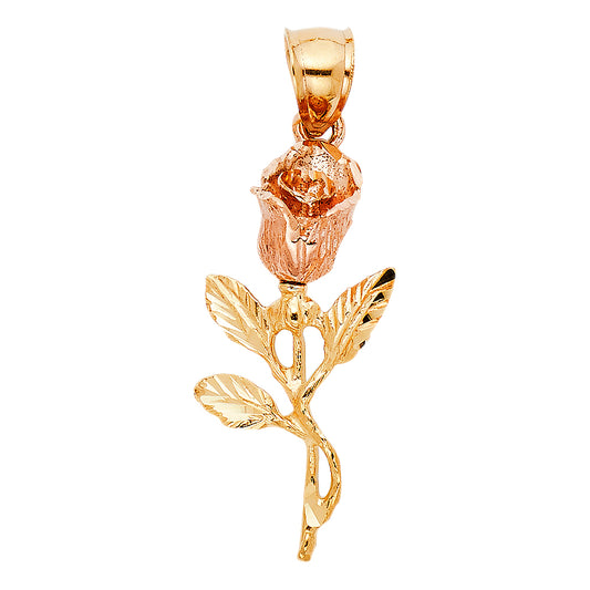 14K Two-tone Gold Rose Charm Pendant  (28mm x 13mm)