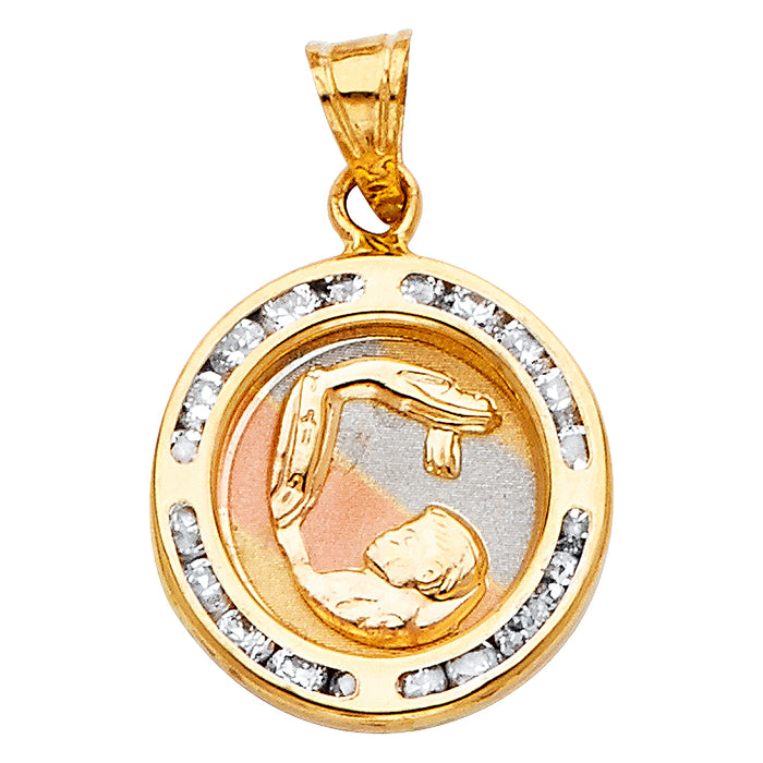 14K Tri-Color Gold Small/Mini Round Baptism Charm Pendant, Channel Set CZ Accent, 15mm (17mm x 15mm)