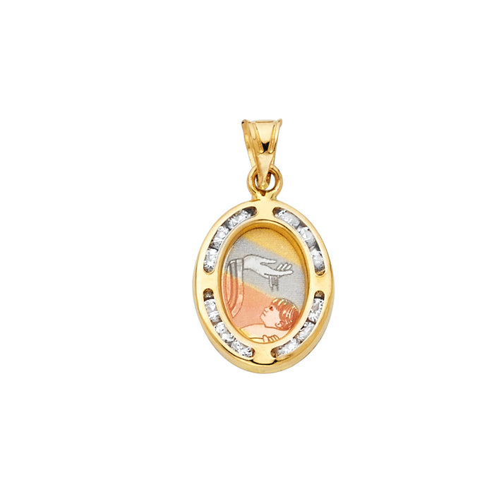 14K Tri-Color Gold with White CZ Accented Small/Mini Oval Baptism Charm Pendant  (17mm x 11mm)