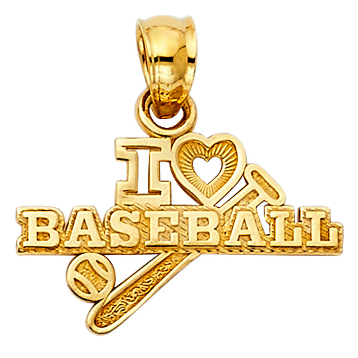 14k Yellow Gold Small/Mini I Love Baseball Charm Pendant  (11mm x 17mm)