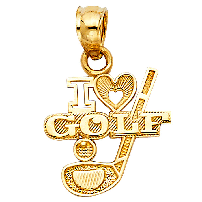 14k Yellow Gold Small/Mini I Love Golf Charm Pendant  (23mm x 13mm)