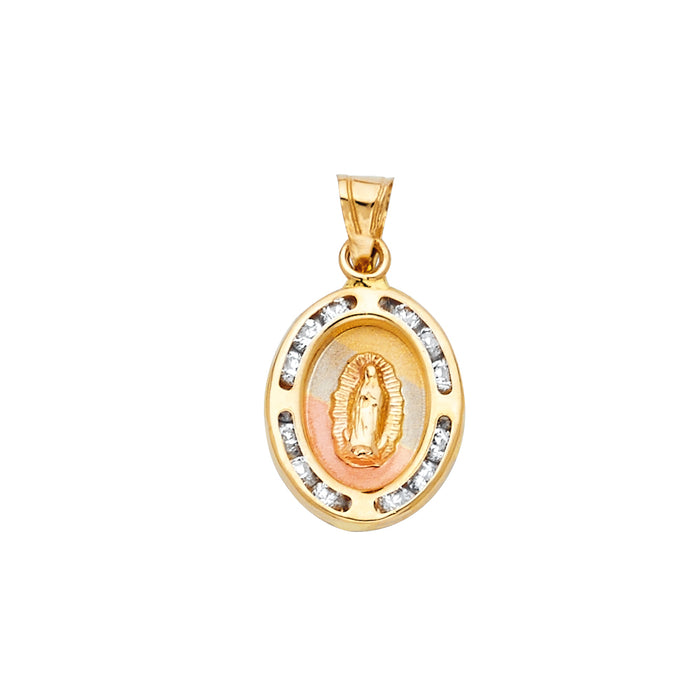 14K Tri-Color Gold with White CZ Accented Small/Mini Virgen De Guadalupe Pendant (17mm x 11mm)