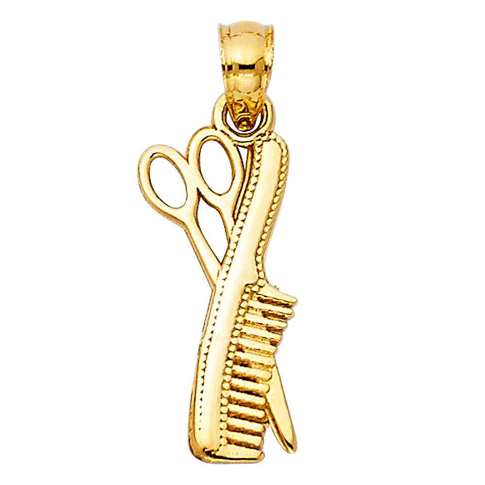 14k Yellow Gold Small/Mini Scissors & Comb Charm Pendant  (17mm x 8mm)