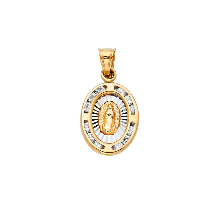 14K Two-tone Gold with White CZ Accented Small/Mini Virgen De Guadalupe Pendant (17mm x 11mm)