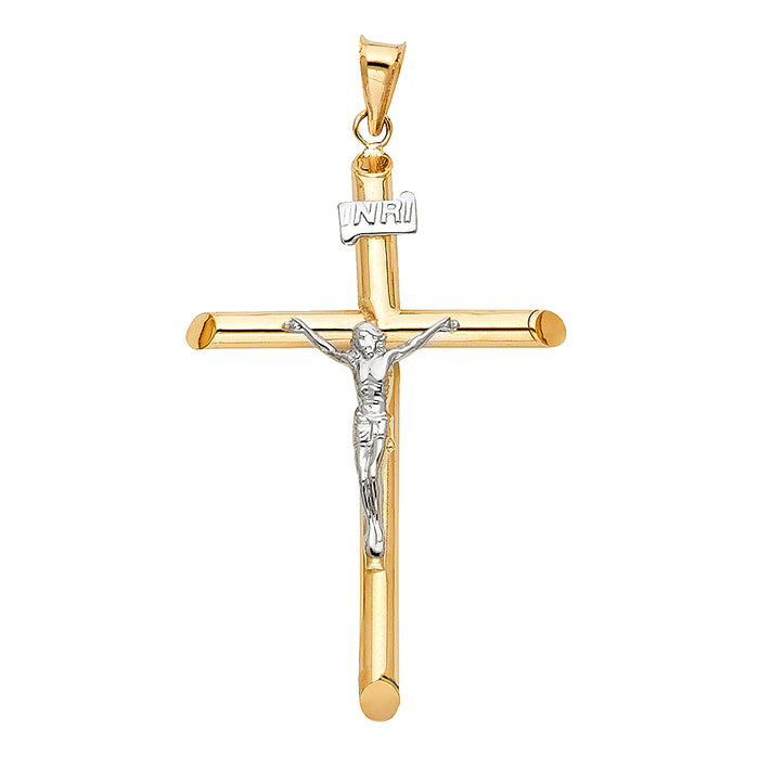 14K Two-tone Gold Religious Hollow Round Tubular Crucifix (30 X 55mm)