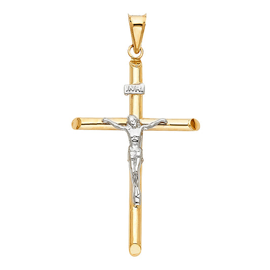 14K Two-tone Gold Religious Hollow Round Tubular Crucifix (25 X 50mm)