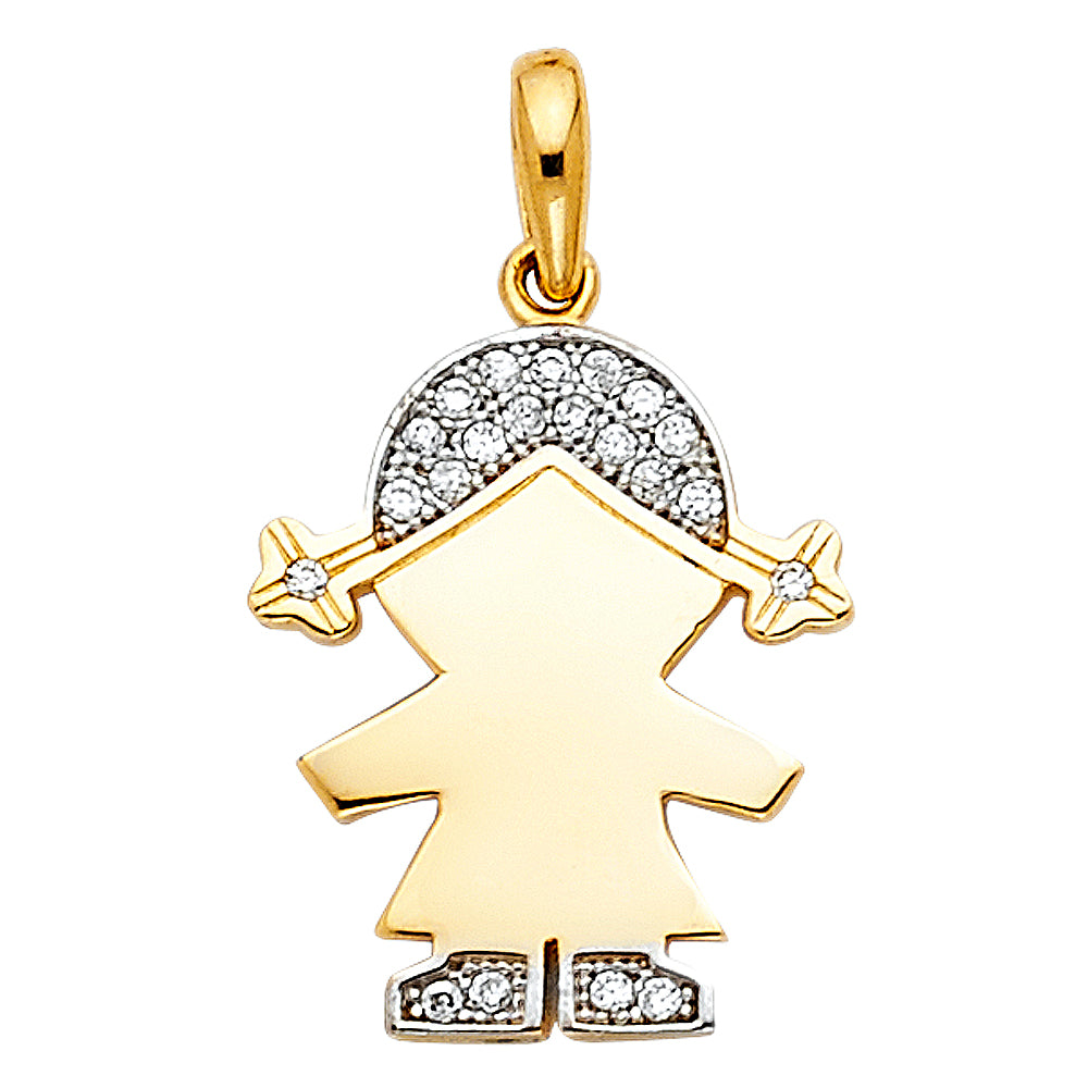 14k Yellow Gold with White CZ Accented Girl Charm Pendant  (16mm x 12mm)