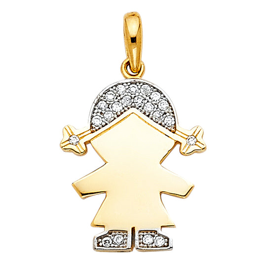 14k Yellow Gold with White CZ Accented Girl Charm Pendant  (16mm x 12mm)