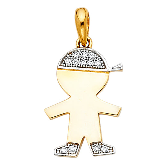 14k Yellow Gold with White CZ Accented Boy Charm Pendant  (16mm x 12mm)