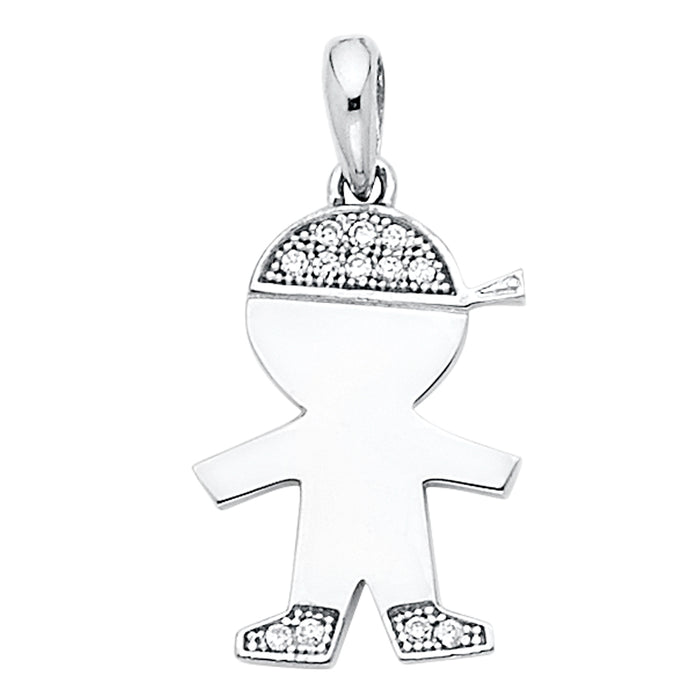 14k White Gold with White CZ Accented Boy Charm Pendant  (16mm x 12mm)
