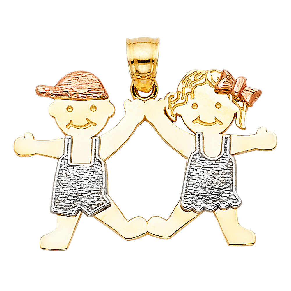 14K Tri-Color Gold Girl & Boy Charm Pendant  (20mm x 30mm)