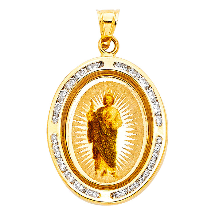 14k Yellow Gold with White CZ Accented Saint Jude Thaddeus Picture Pendant (20mm x 17mm)