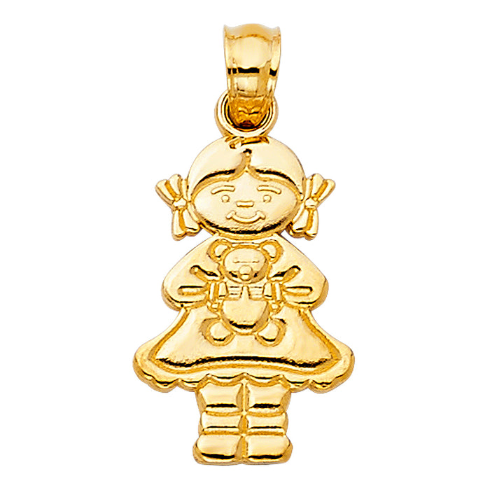 14k Yellow Gold Girl with Doll Charm Pendant  (16mm x 11mm)