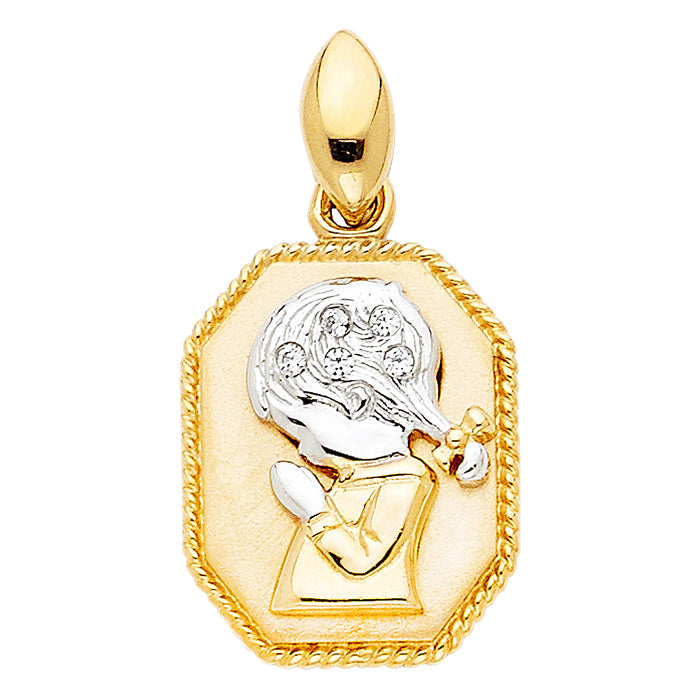 14K Two-tone Gold with White CZ Accented Praying Girl Charm Pendant  (18mm x 14mm)