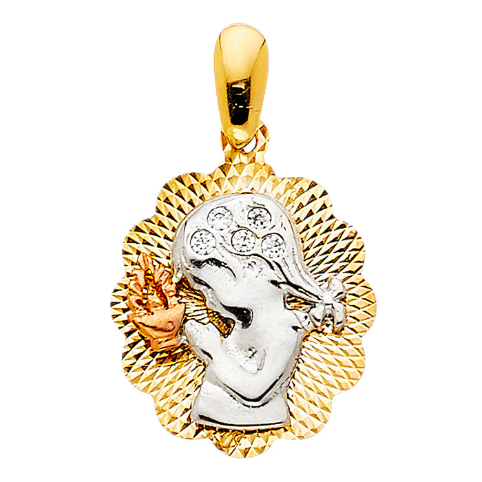 14K Tri-Color Gold with White CZ Accented Praying Girl Charm Pendant  (16mm x 15mm)