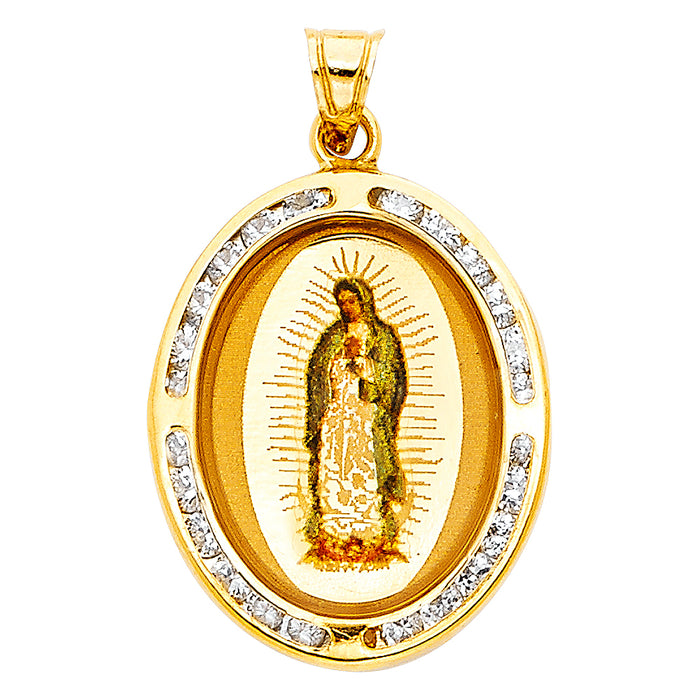 14k Yellow Gold Virgen De Guadalupe Picture Charm Pendant, Accented with Channel Set White CZ Stones (20mm x 17mm)