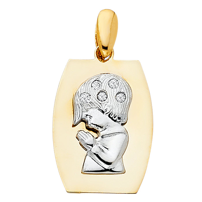 14K Two-tone Gold with White CZ Accented Praying Boy Charm Pendant  (19mm x 15mm)