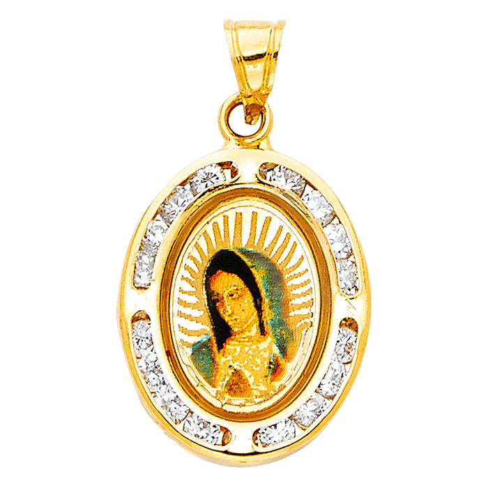 14k Yellow Gold Virgen De Guadalupe Picture Charm Pendant, Accented with Channel Set White CZ Stones (18mm x 14mm)