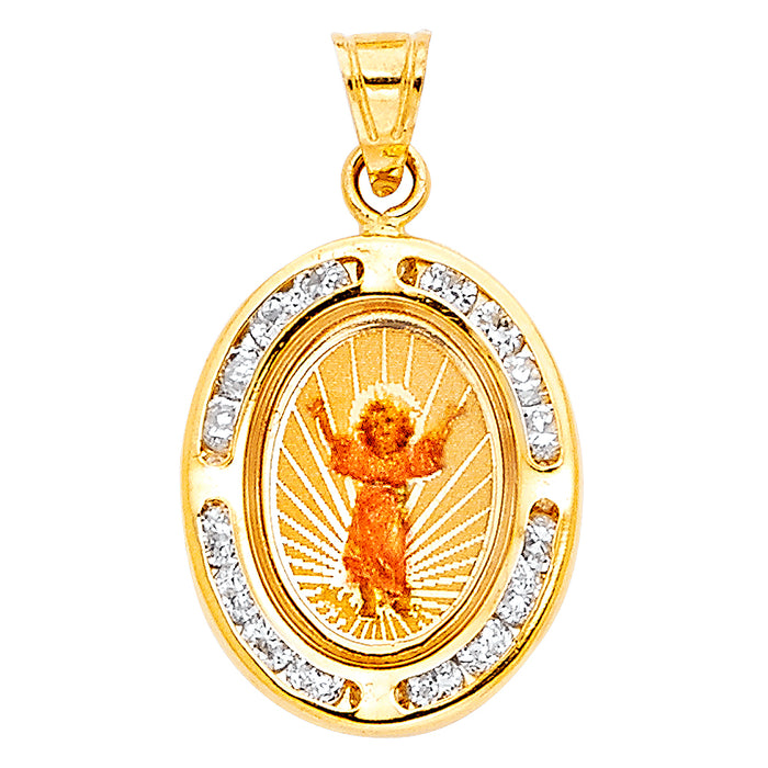 14k Yellow Gold Religious Devine Infant Picture Charm Pendant, Accented with Channel Set White CZ Stones (18mm x 14mm)