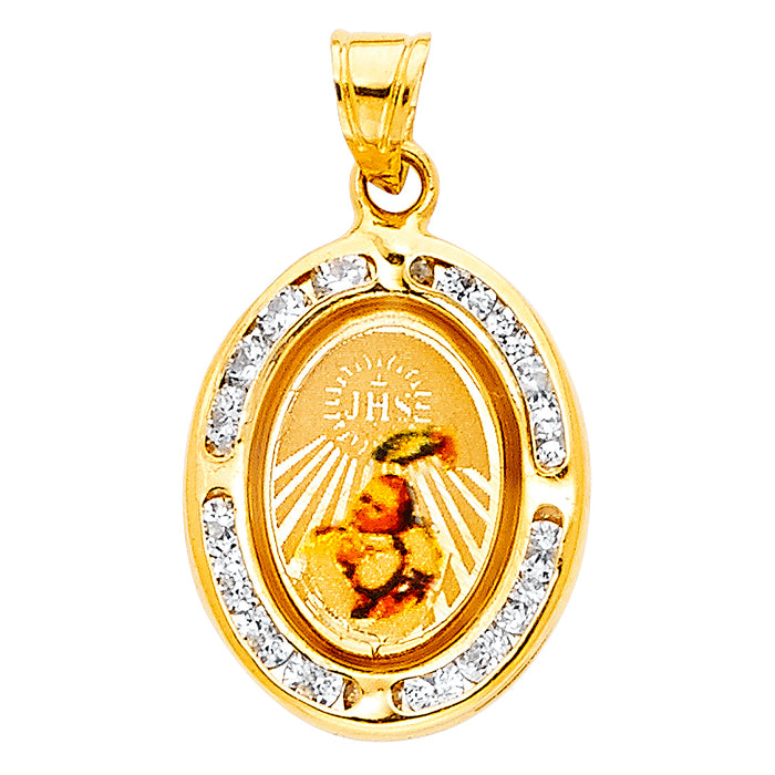 14k Yellow Gold Religious Baptism Picture Charm Pendant, Accented with Channel Set White CZ Stones (18mm x 14mm)