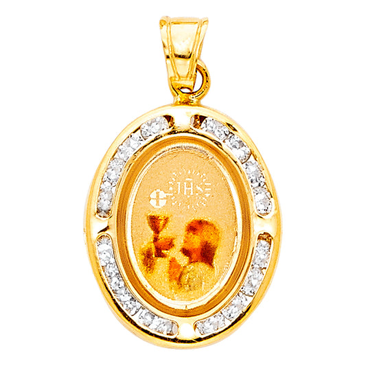 14k Yellow Gold Religious First Communion Picture Charm Pendant, Accented with Channel Set White CZ Stones (18mm x 14mm)