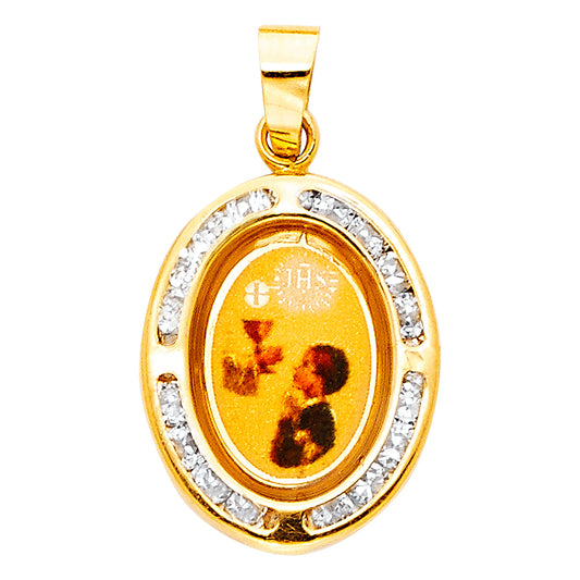 14k Yellow Gold Religious First Communion Picture Charm Pendant, Accented with Channel Set White CZ Stones (18mm x 14mm)