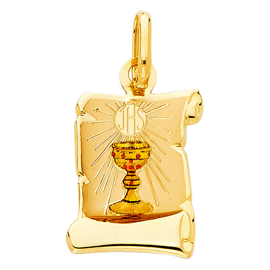 14k Yellow Gold Religious Holly Communion Cup Picture Charm Pendant, Accented with Channel Set White CZ Stones (20mm x 15mm)