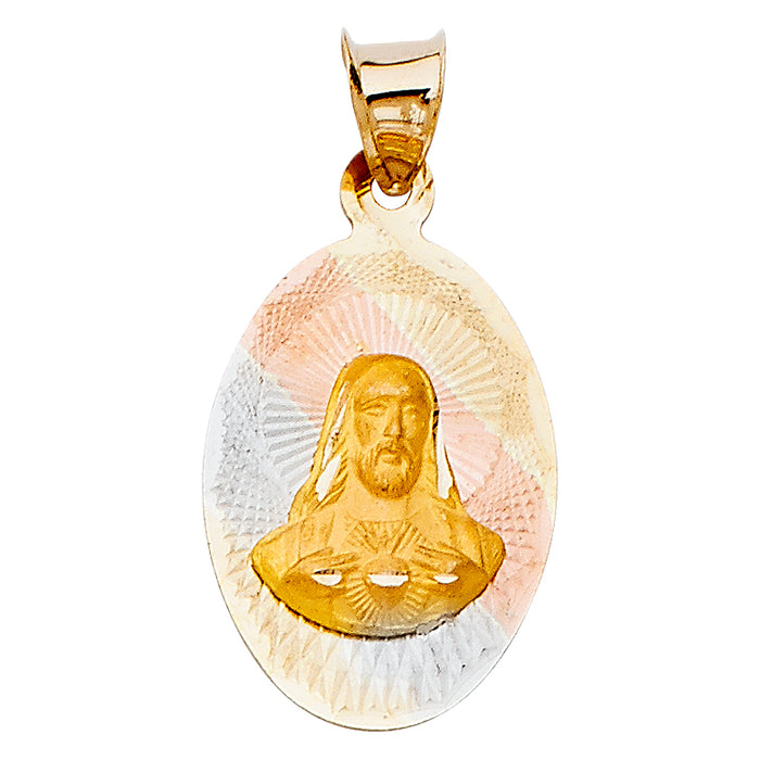 14K Tri-Color Gold Jesus With Heart Charm Pendant, Oval 18 x 13 mm (18mm x 13mm)