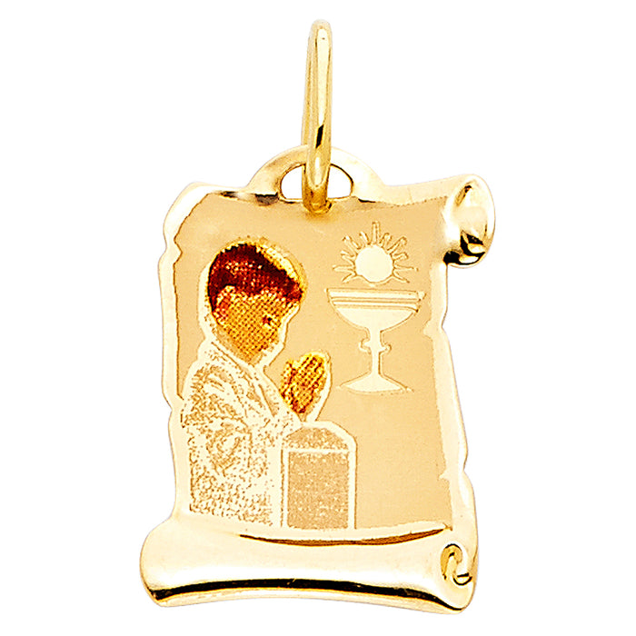 14k Yellow Gold Small/Mini First Communion Picture Pendant Boy (17mm x 12mm)